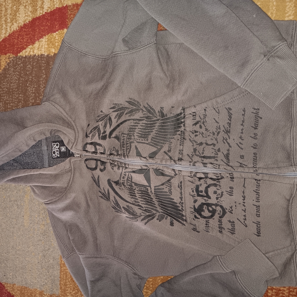 POINT ZERO Gray Zip-Up Hoodie with Graphic Print